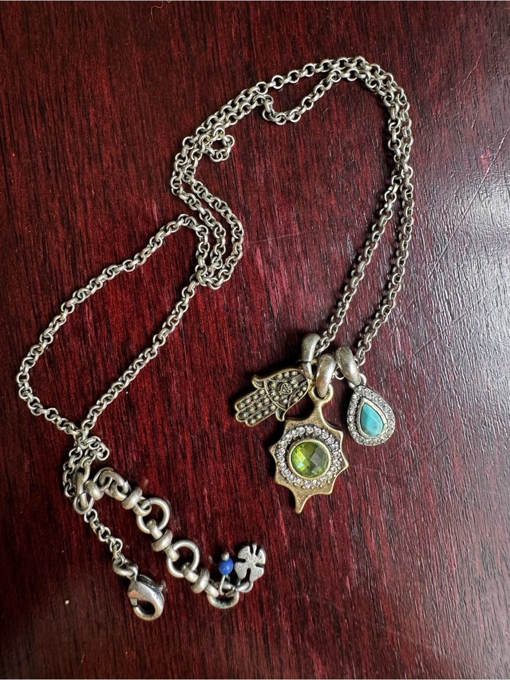 Lucky Brand Silver-Tone Multi-Charm Necklace | Hamsa, Star, Turquoise Drop | 12”